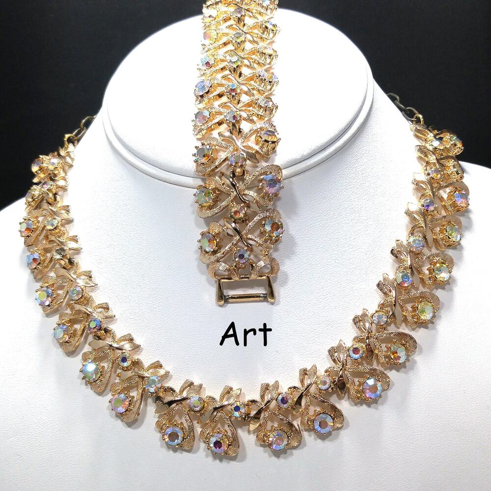 Vintage ART AB Rhinestone Necklace Bracelet Set Gold Tone 1960s